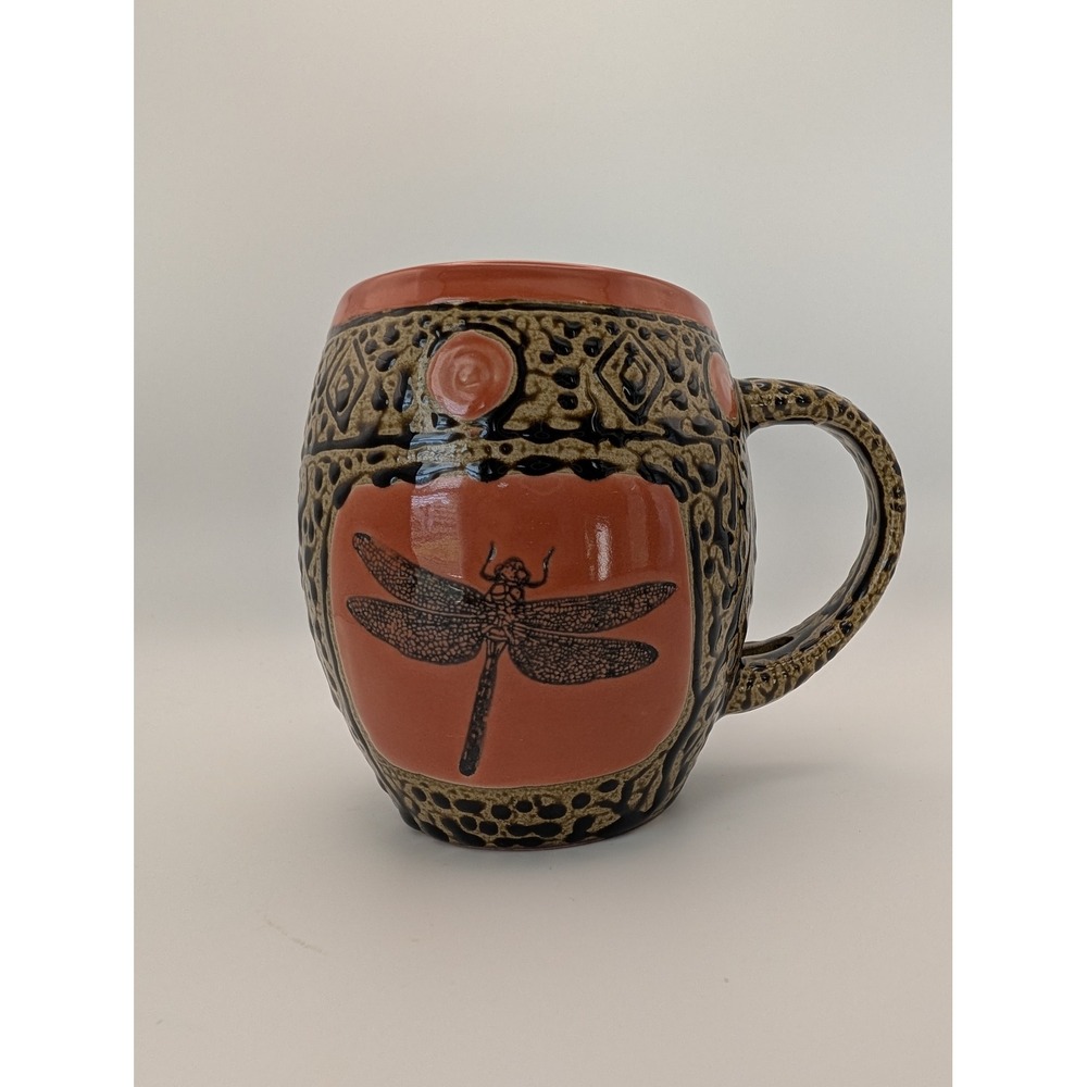 Always Azul Pottery Dragonfly Mug Terracotta Tan Black Villa Grove Colorado 4in
